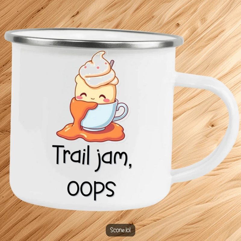 Funny camping mug featuring a scone character in a teacup hat comically slipping on jam, encouraging smiles during outdoor adventures.