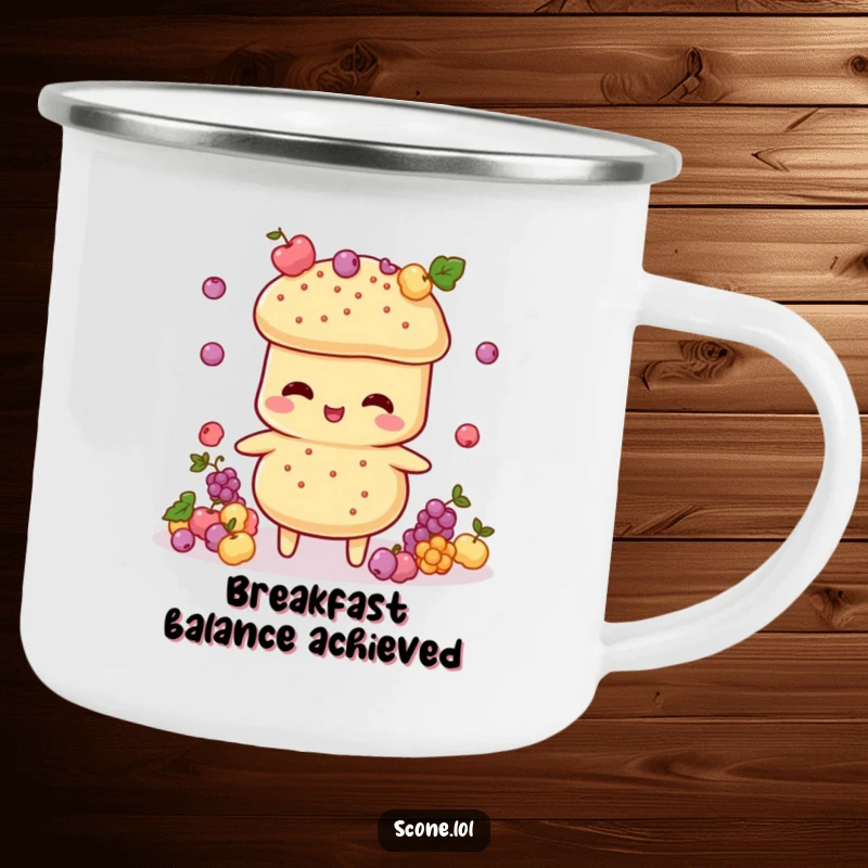 Funny Scone Juggler Camping Mug: A durable enamel mug featuring a scone character juggling tiny currant decorations by a campfire.