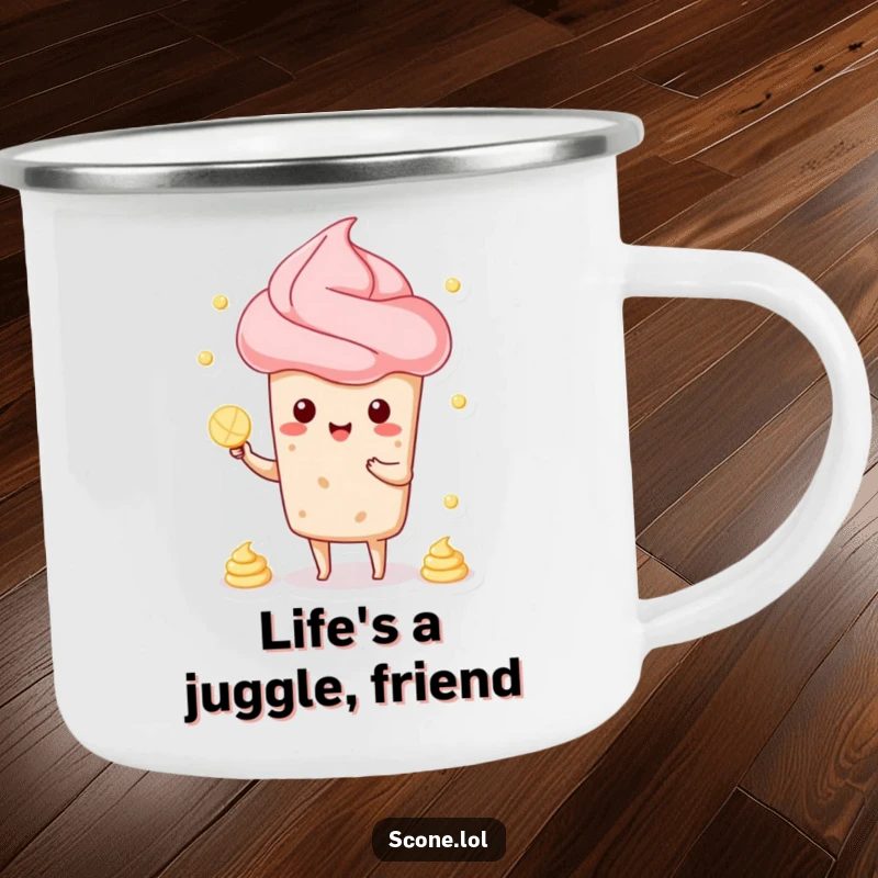 Funny camping mug featuring a scone character juggling cream, perfect for outdoor enthusiasts who enjoy a humorous start to their day.
