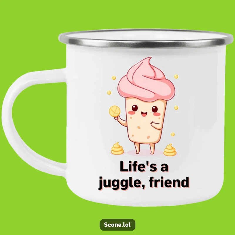 Funny Scone Juggling Cream Camping Mug: Adventure Fuelled by Baked Good Humor