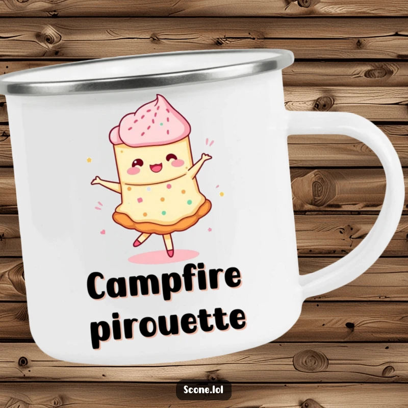 Funny camping mug of a scone doing a whimsical pirouette with swirling jam, perfect for outdoor fun with flair.