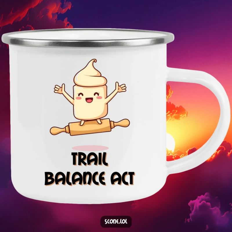 Funny camping mug featuring a scone character comically balancing on a rolling pin, arms flailing, inspiring smiles during outdoor adventures.