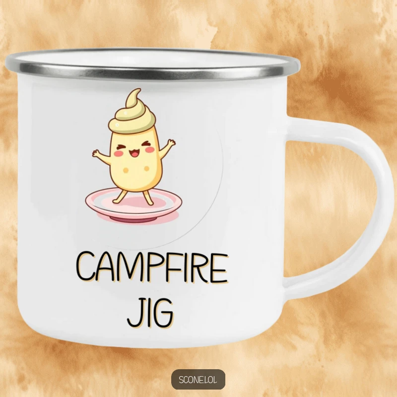 Funny scone character doing a silly jig on a saucer, designed for durability and humor on a camping mug.