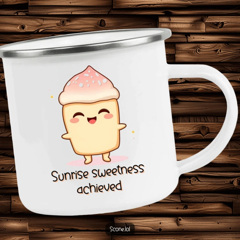 Funny Scone Sugar Rush Camping Mug: A durable enamel mug featuring a scone character beaming with delight, sprinkled with sugar.