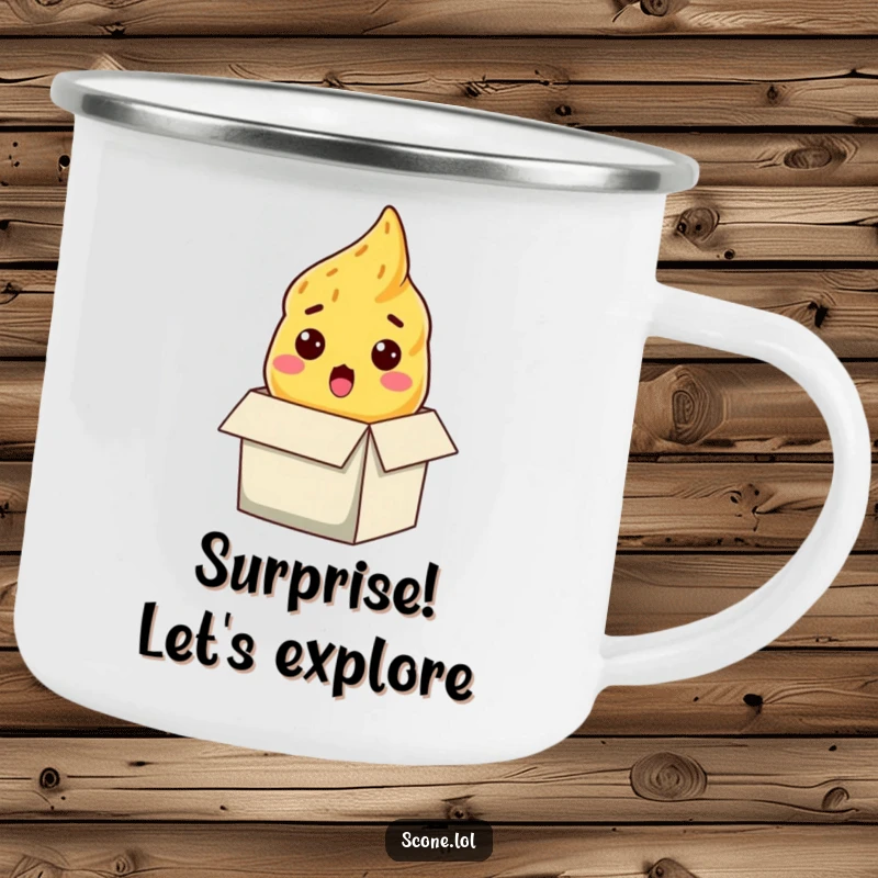 Funny scone camping mug, a baked good with a surprised expression emerging from a box, perfect for outdoor humor.