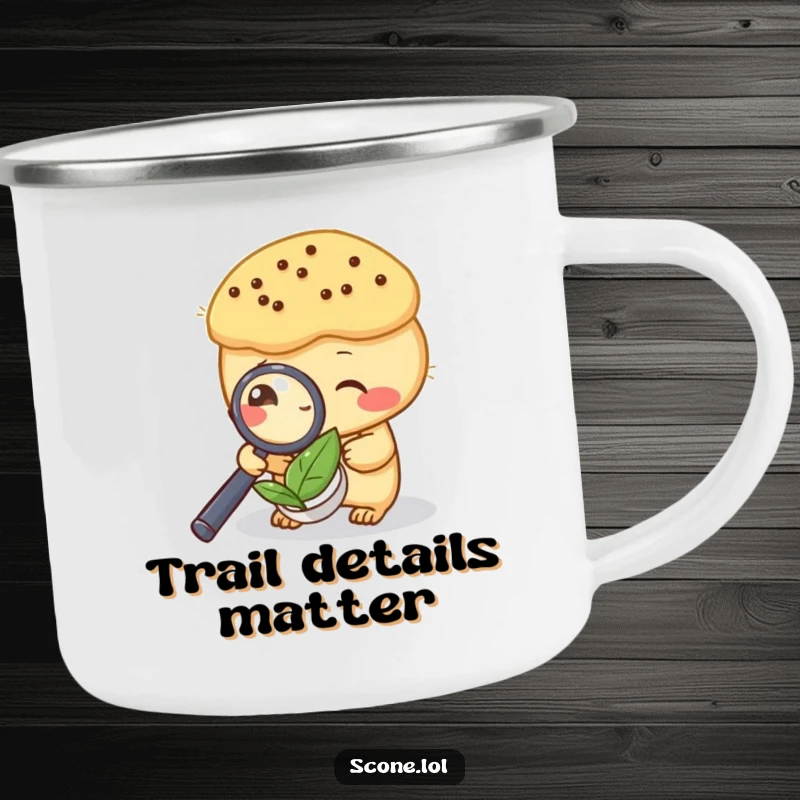 Funny camping mug of a scone inspecting a tea leaf with a magnifying glass, perfect for investigative outdoor fun.
