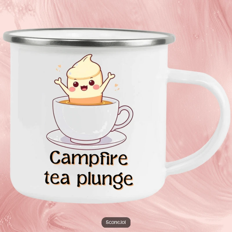 Funny scone character leaping into a steaming cup of tea, on a durable camping mug.