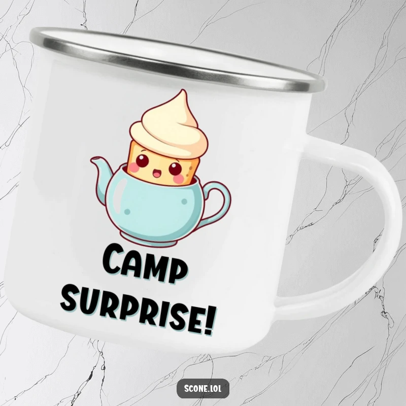 Funny scone teapot surprise camping mug, a scone emerging from a teapot with a surprised expression, a humorous and durable outdoor cup.