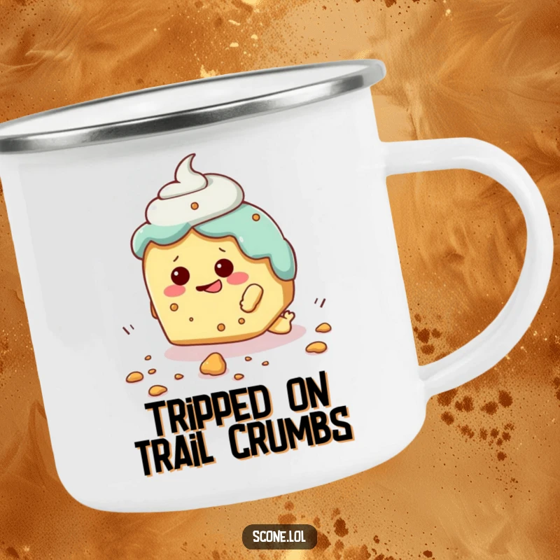 Funny camping mug with a scone character comically tripping over a crumb, ready for outdoor mishaps with a smile.