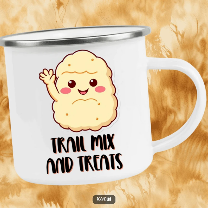 Funny scone camping mug with a fluffy, smiling scone cheerfully waving, perfect for outdoor enthusiasts and as a funny gift.