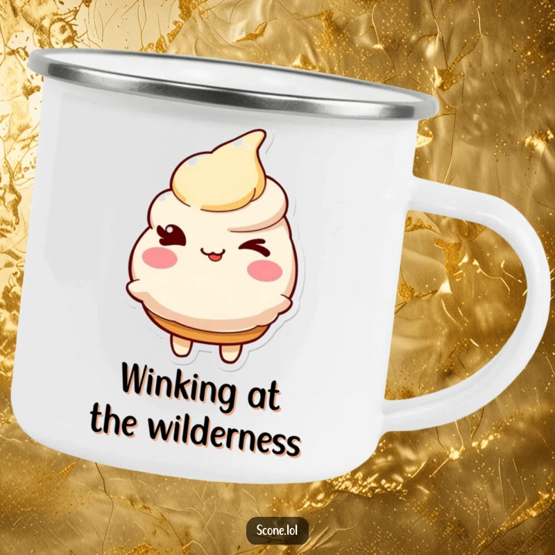 Funny camping mug with a charming scone character giving a friendly wink, ready for outdoor merriment.