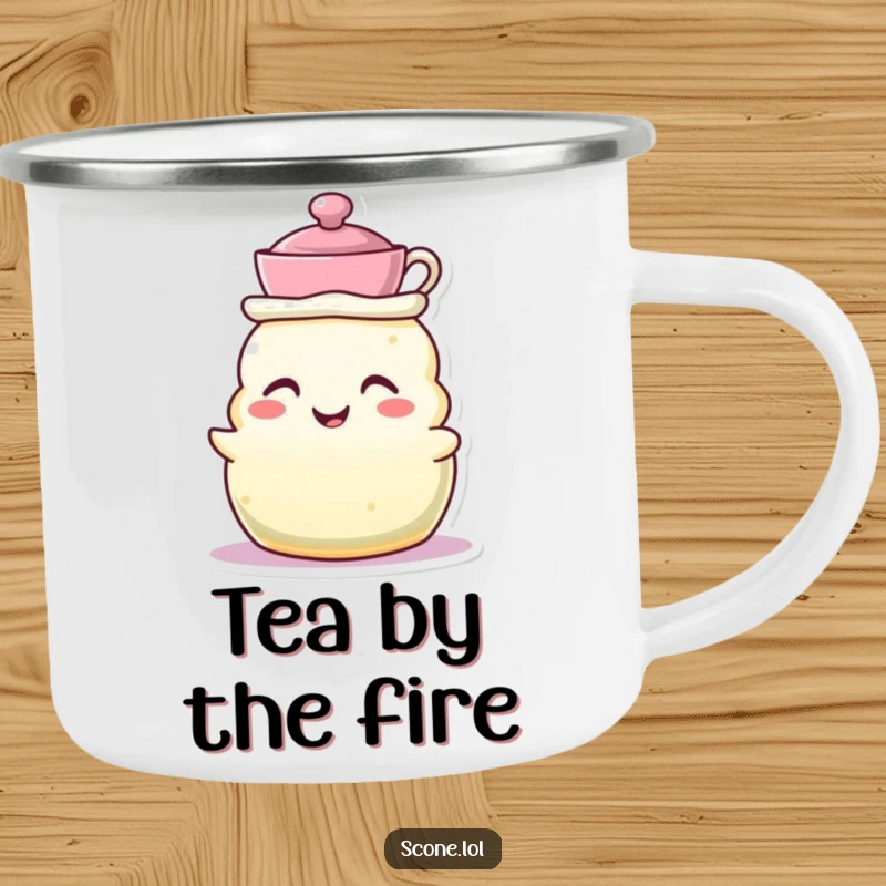 Funny camping mug with a scone character wearing a tiny teacup as a hat, grinning, perfect for charming outdoor tea enjoyment.