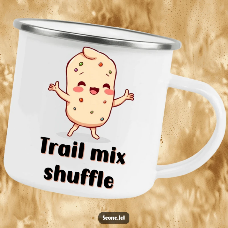 Funny scone character doing a humorous wobbly dance with crumbly limbs, on a sturdy camping mug.