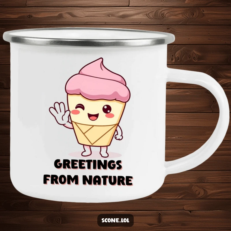 Funny Camping Mug featuring a scone character giving a polite wave, perfect for enjoying drinks outdoors with a friendly and cheerful spirit.