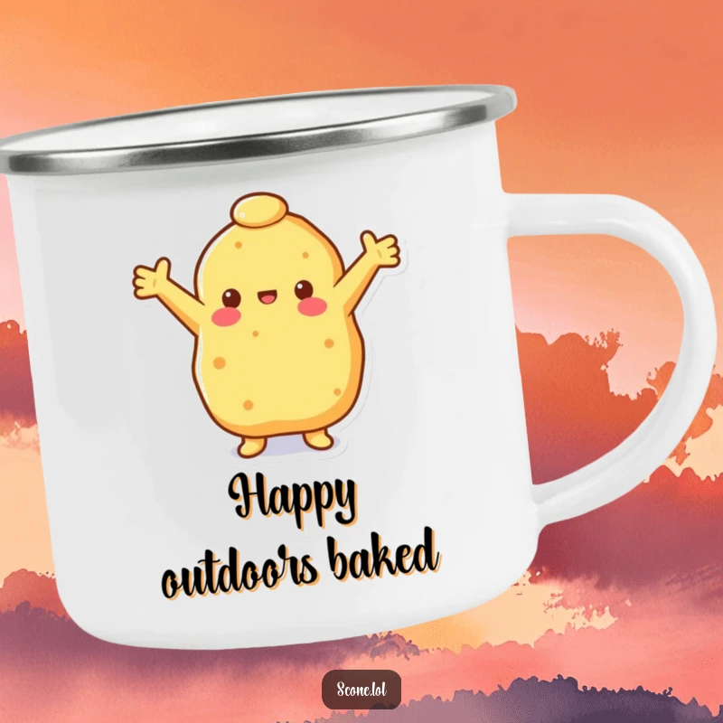 Funny happy scone camping mug with outstretched arms, perfect for enjoying beverages with a cheerful and welcoming outdoor vibe.