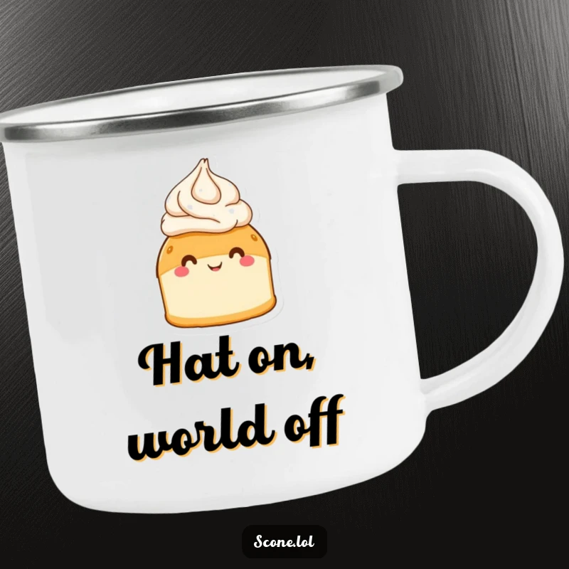 Funny scone wearing a cream hat, beaming with joy, on a rugged camping mug for outdoor enthusiasts.