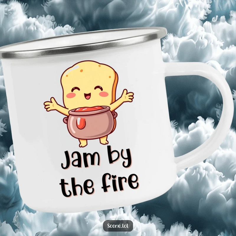 Funny Scone Camping Mug: A durable mug featuring a scone character embracing a jam pot, ready for humorous, sweet adventures.