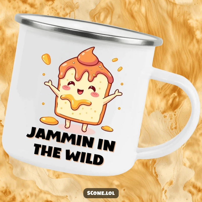 Funny Scone Jam Dance Camping Mug: A rugged mug showcasing a scone doing a jam dance, ideal for outdoor humor.