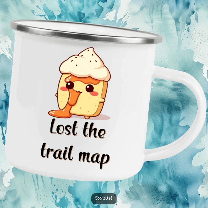 Funny Jam Face Scone Camping Mug: A durable enamel mug featuring a scone character looking comically bewildered with jam on its face.