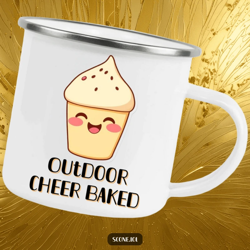 Funny Scone Camp Mug: A rosy-cheeked scone giggles, perfect for enjoying drinks outdoors with sweet vibes. Great funny gift.