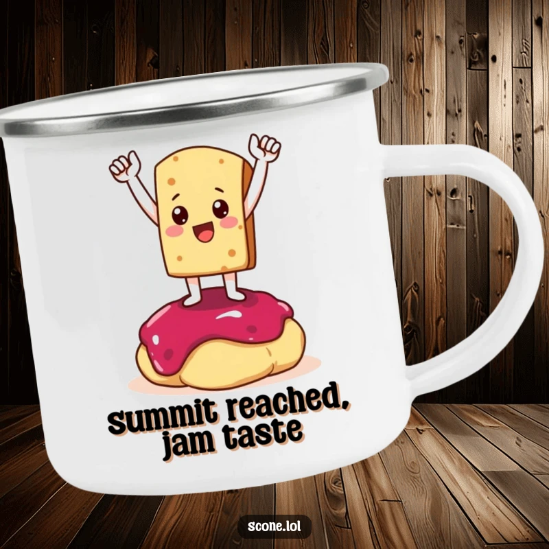 Funny Camping Mug: A scone character strikes a triumphant pose on a dollop of jam, bringing a humorous and victorious vibe to outdoor drinks.