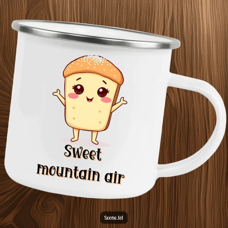Funny Scone Sugar Dust Pose Camping Mug: A rugged mug with a proud, sugar-dusted scone, ideal for outdoor posh humor.