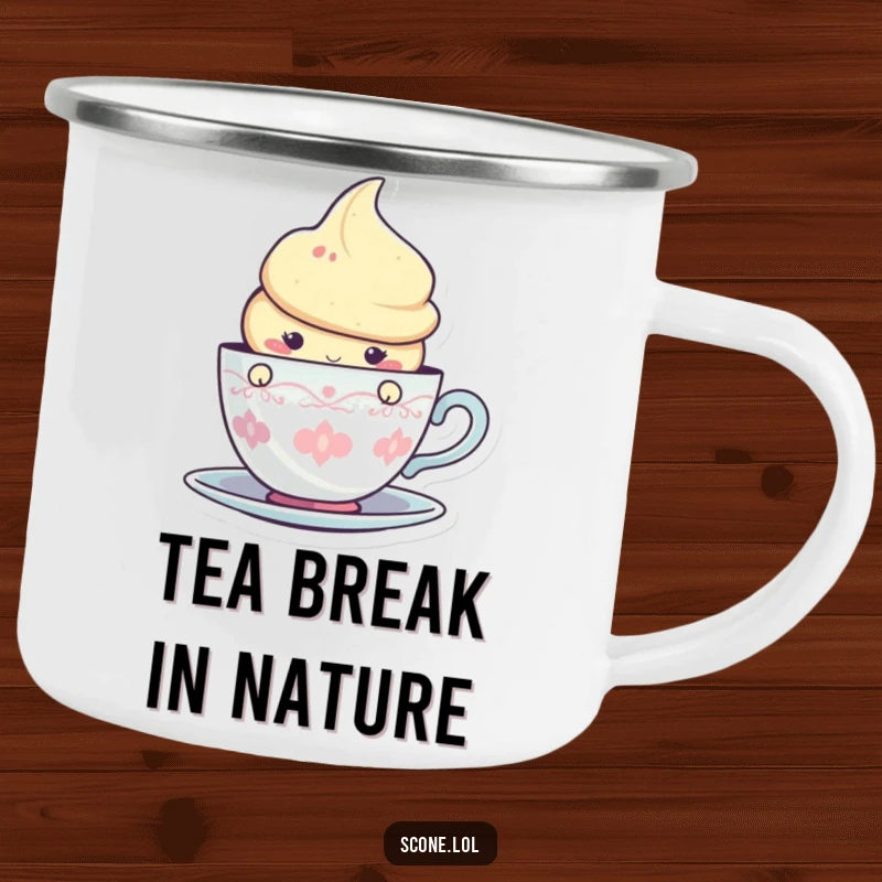 Funny camping mug with a delightful scone character peeking from behind a teacup graphic, ready for outdoor relaxation.