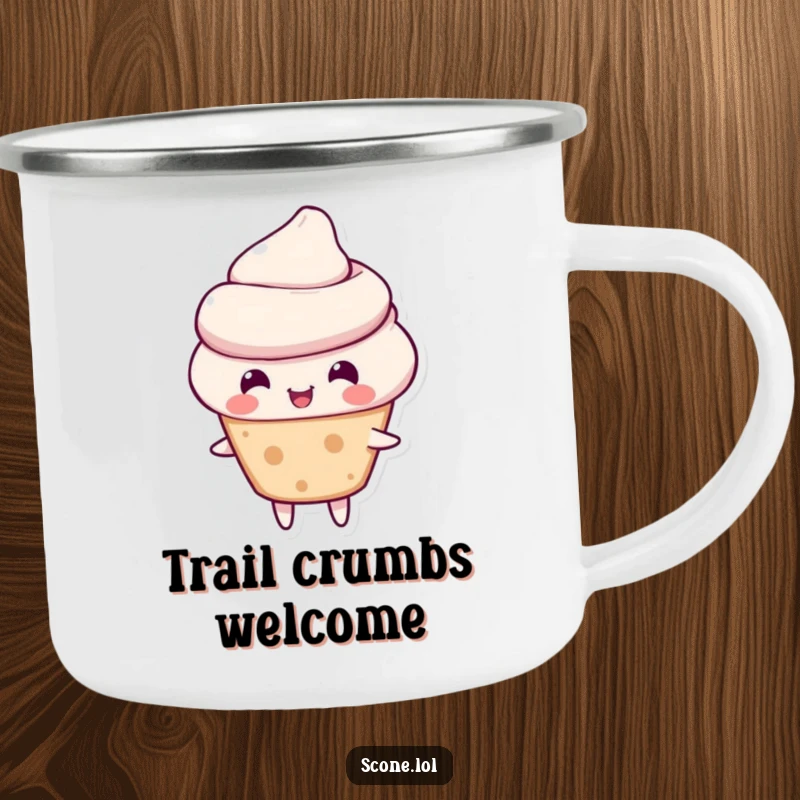 Funny scone camping mug with a scone character joyfully bouncing, perfect for rustic, cheerful hydration.