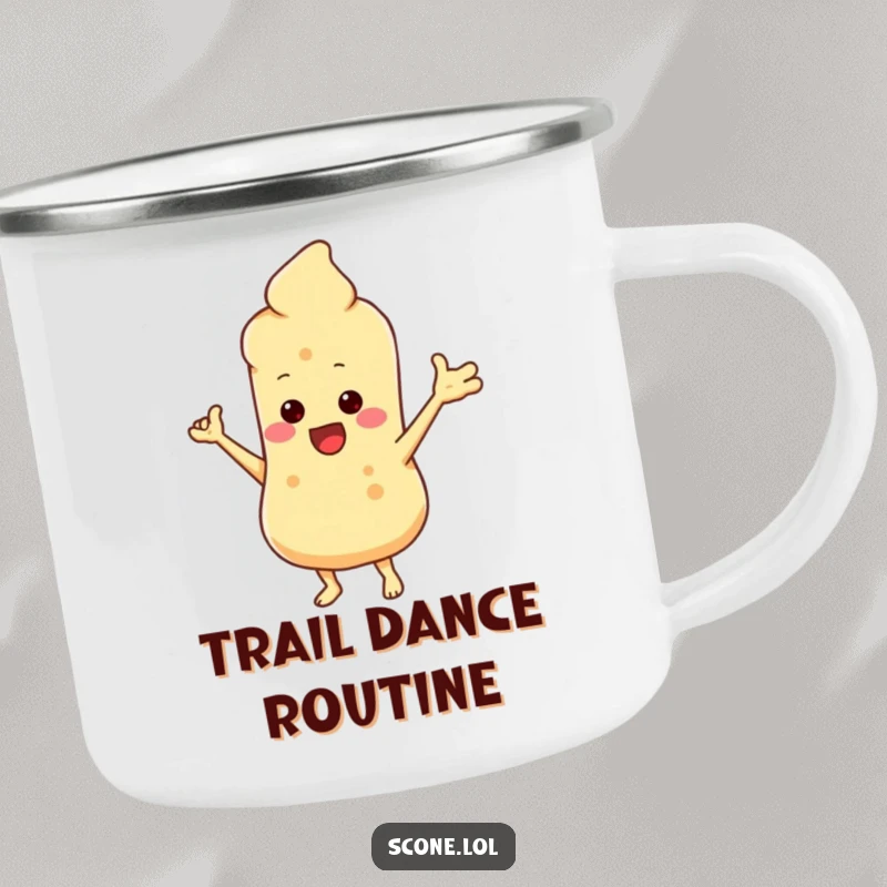 Funny camping mug featuring a scone character in a silly dance, perfect for outdoor enthusiasts who love a laugh.