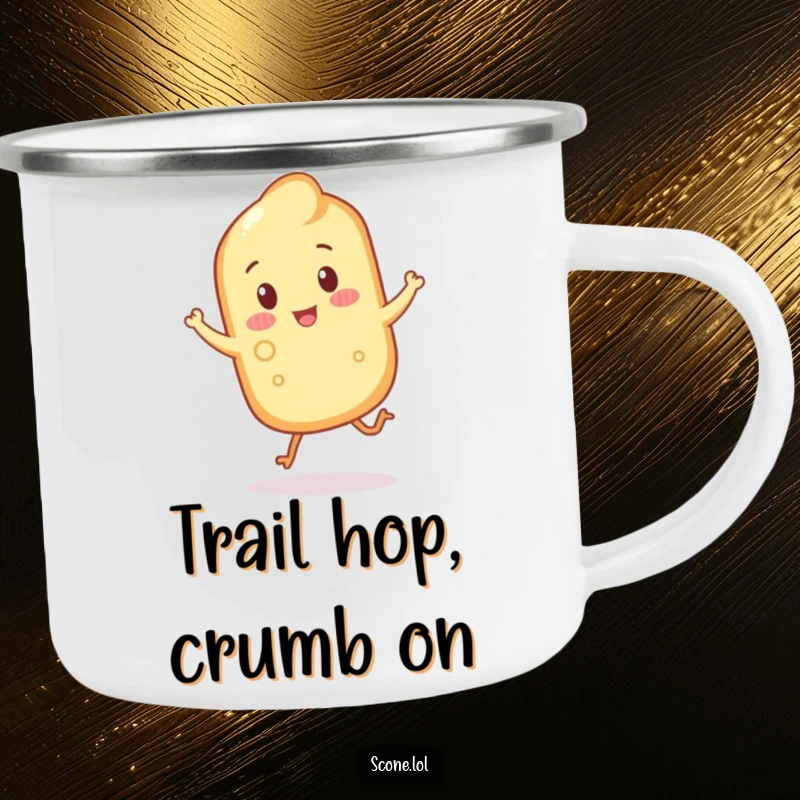 Funny scone with crumbly legs hopping joyfully on a rugged camping mug for outdoor adventures.