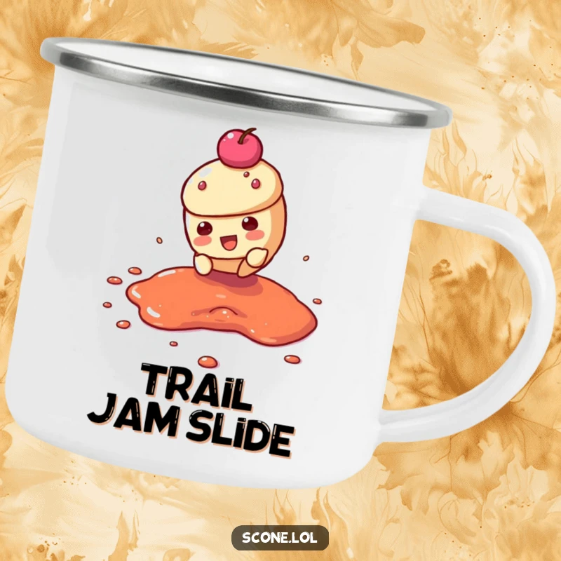Funny camping mug featuring a scone character in a dramatic slide across a jam puddle, perfect for adventurous outdoor use.