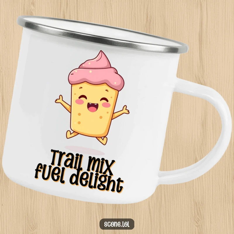 Funny scone camping mug, a cheerful baked good jumping with delight, ready for outdoor adventures with humor.