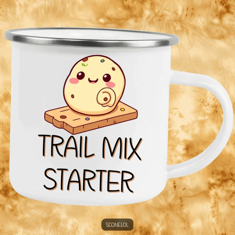 Funny camping mug showcasing a scone rolling down a pastry board, perfect for outdoor adventures with a humorous twist.