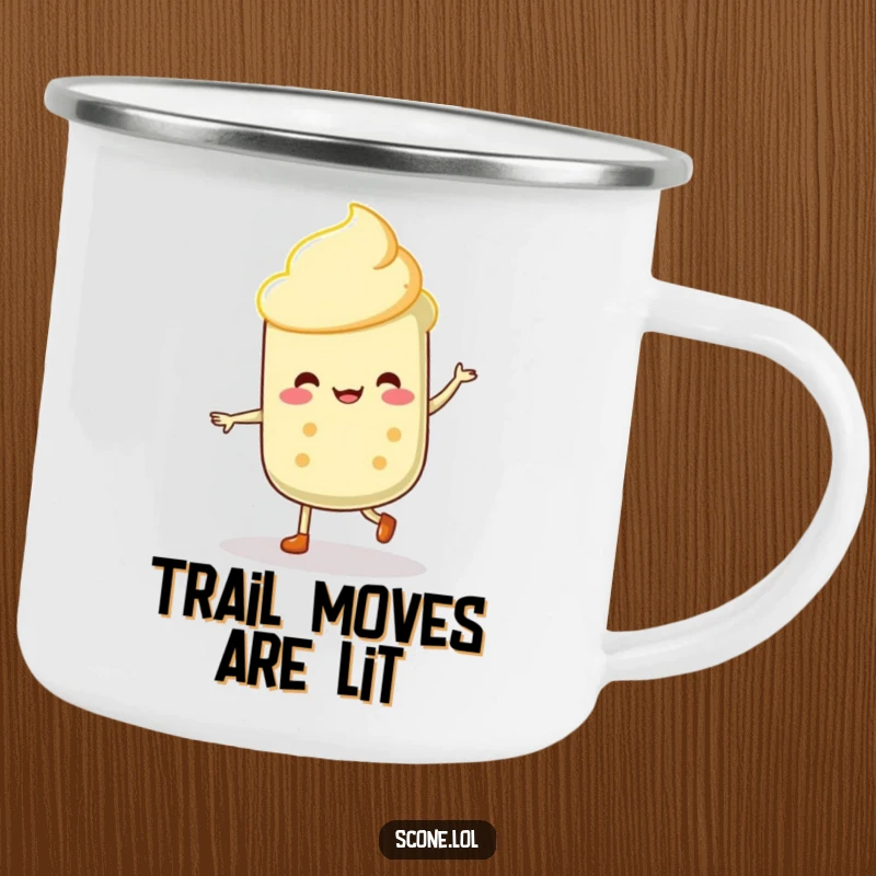 Funny Scone Dancer Camping Mug: A durable enamel mug featuring a scone character doing a merry jig by a campfire.