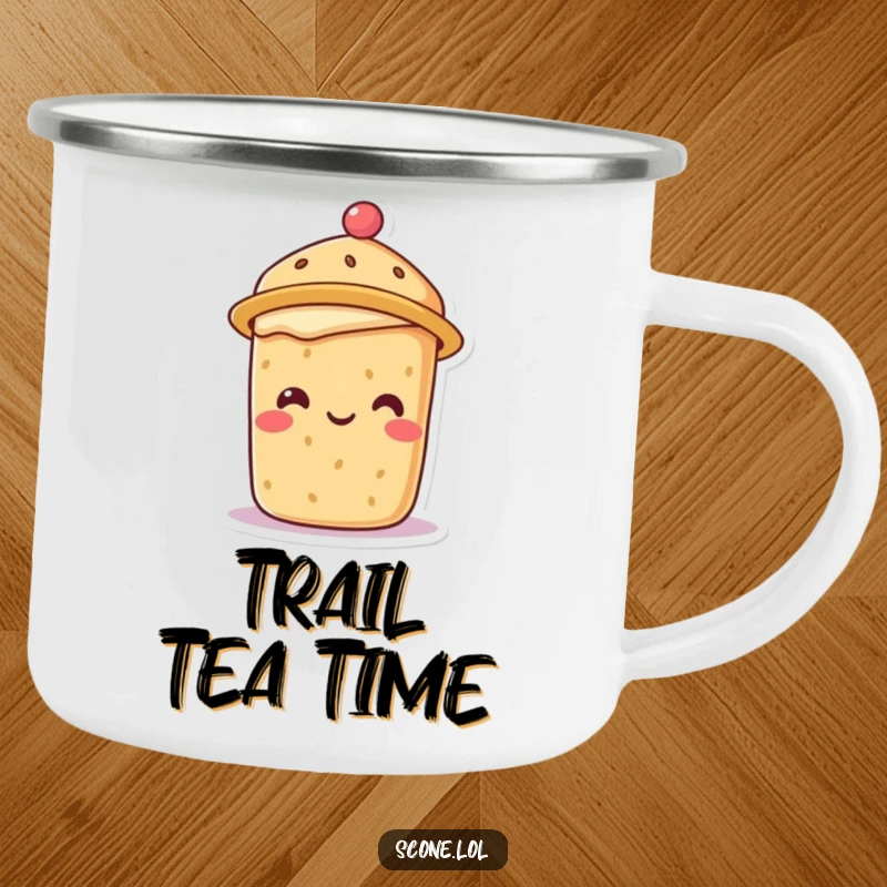 Smiling scone character wearing a cute tea hat, designed for durability and humor on a camping mug.