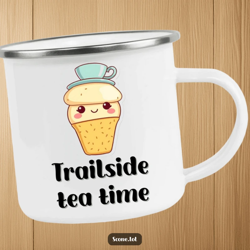 Funny scone character wearing a tiny teacup hat and smiling on a sturdy camping mug, ideal for charming outdoor moments.