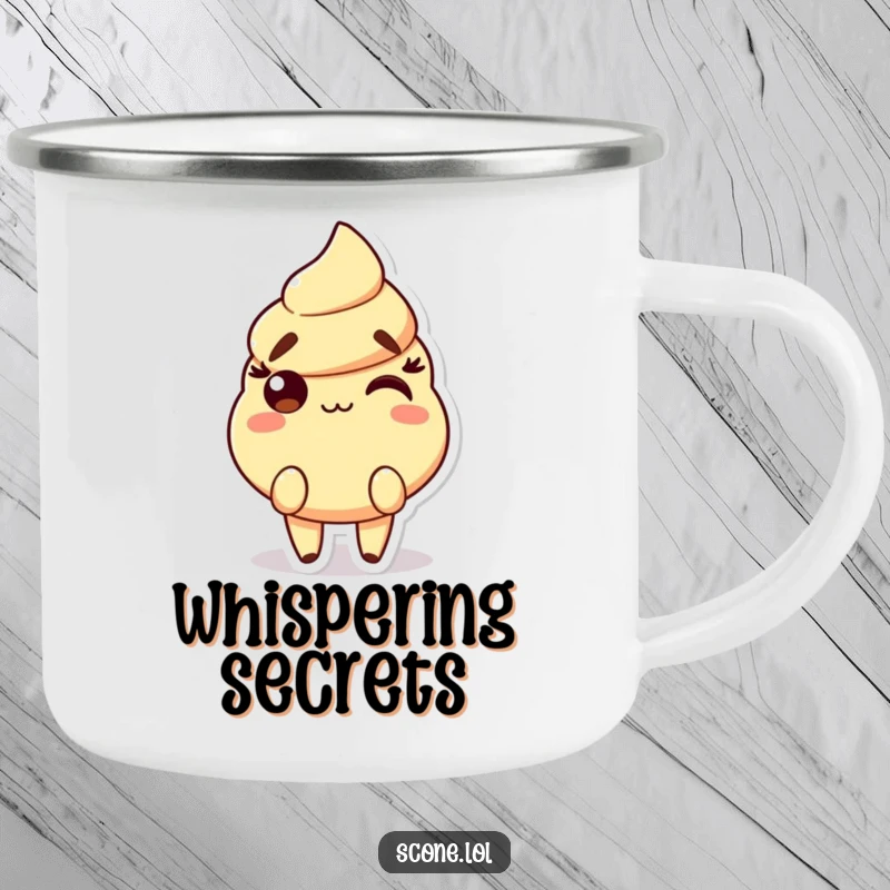 Funny Scone Camping Mug with a character showing raised eyebrows and a playful smirk, ideal for cheeky outdoor enjoyment.