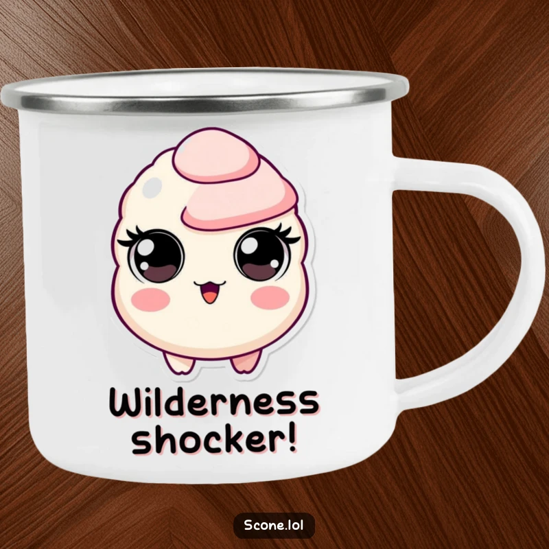 Funny camping mug featuring a scone character with wide, circular eyes expressing comical surprise, ideal for outdoor fun.