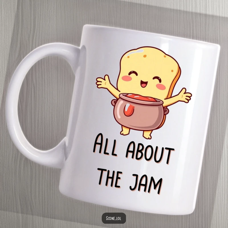 Funny Scone Mug: A loving scone character embraces a pot of jam with open arms, radiating delicious affection.