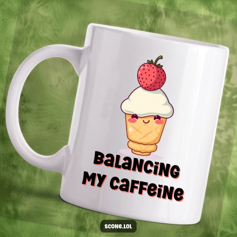 Funny scone mug showing a smiling scone bravely balancing a wobbly berry on its head, perfect for breakfast and as a funny gift.
