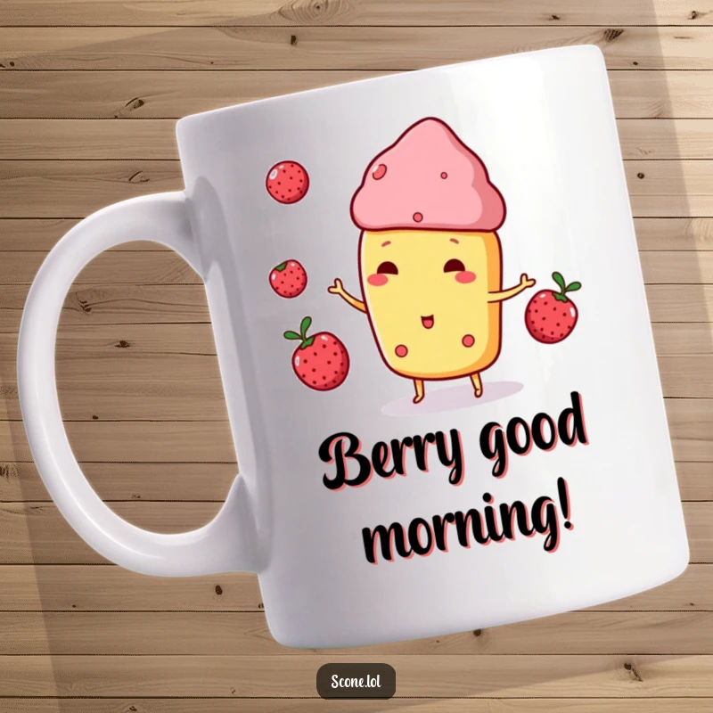 Funny Scone Character Mug, playfully juggling three small berries, demonstrating delightful dexterity and charm.