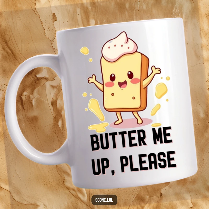 Funny Mug: A happy scone character dances joyfully with butter splatters flying around, exuding pure delight.