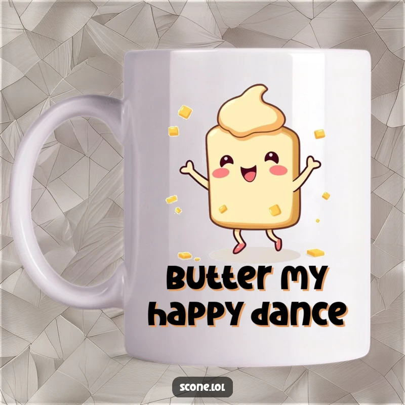 Funny Scone Mug: A joyful scone character dances happily amidst butter splatters, radiating pure, delicious humor.