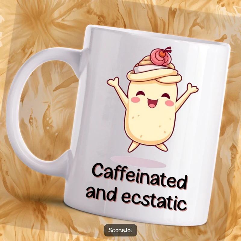 Funny scone mug featuring a scone joyfully jumping while wearing a tiny teacup hat, perfect for tea parties and as a funny gift.