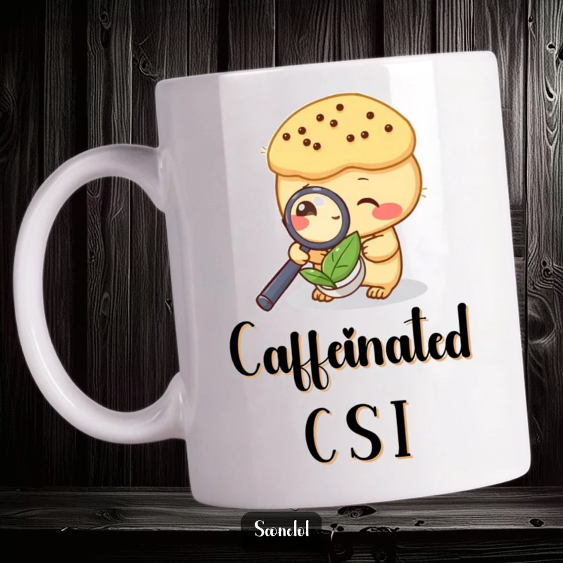 Funny mug showing a scone using a magnifying glass to inspect a tea leaf, a humorous tea-time detective.