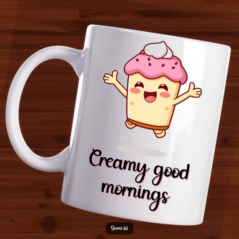 Funny scone character in mid-air, jumping with pure joy while holding a generous dollop of cream, on a mug.
