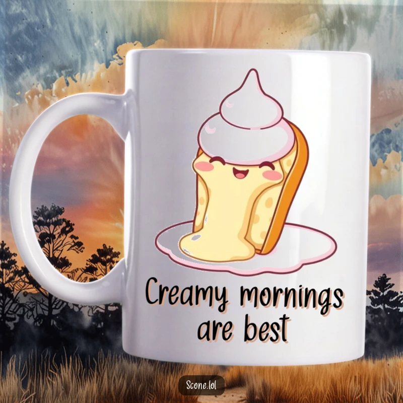 Funny Scone Cream Slide Mug: A scone happily sliding down a big dollop of cream, looking delightful.