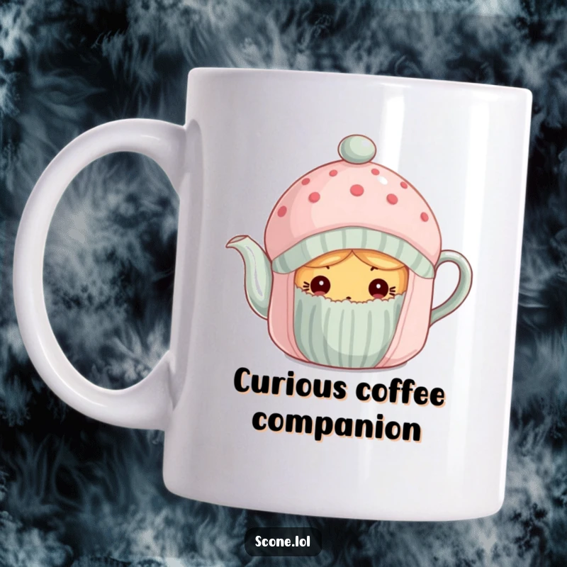 Funny scone curiously peeking from under a tea cozy on a mug, inviting a warm beverage.