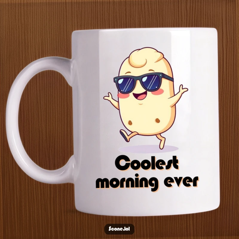 Funny cool scone mug, wearing sunglasses, doing a confident hop with a grin, capturing effortless style and humor.