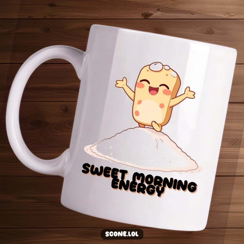 Funny giggling scone mug, hopping enthusiastically on a pile of sugar, a joyful and humorous baked goods design.
